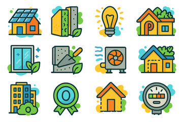 Eco-friendly building icons: energy, solar, insulation, green construction