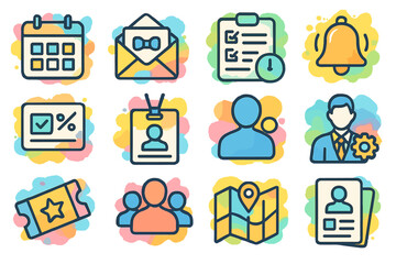 Colorful icons of calendar, envelope, checklist, bell, chart, id, gear, ticket, map