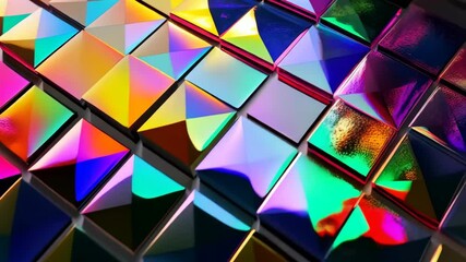 Close-up of abstract multicolored squares with iridescent surfaces arranged in repeating pattern forming eye-catching background - Powered by Adobe