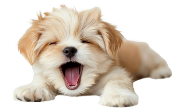 Cute puppy yawning with fluffy fur on a transparent background displaying playful expression and joyful demeanor