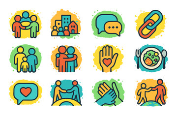 Colorful icons representing community, connection, and support