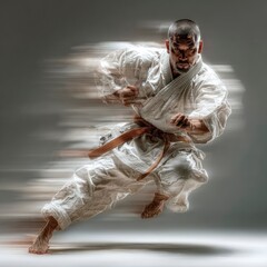 Martial Arts Karate Dynamic Action Shot Speed Power White Gi Brown Belt Athlete Movemen