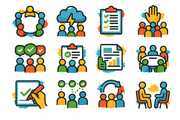 Colorful business icons set featuring teams, meetings, and collaboration