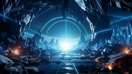 Futuristic ice cavern landscape with glowing blue circles and horizon light, rocky terrain and futuristic elements. - Powered by Adobe