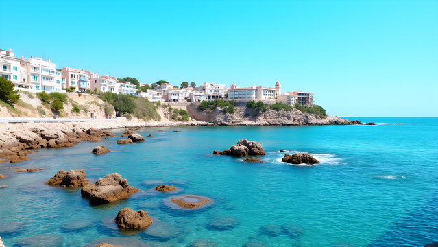 Coastal Town View. Rocks and Clear Water. Buildings Above Cliff. Bright Blue Sky. Quiet Seaside. Sea Coast Scenery. Summer Vacation.