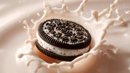Chocolate Sandwich Cookie Making a Splash in Milk – Tasty Dessert Concept with Cream Filling