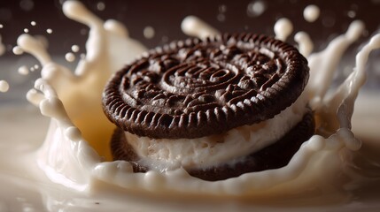 Chocolate Sandwich Cookie Dropping into Milk with Splash – Delicious High-Speed Food Shot