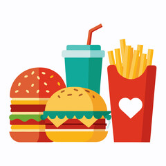 Fast Food Set Illustration with Burger French Fries and Drink in a Colorful Style Design