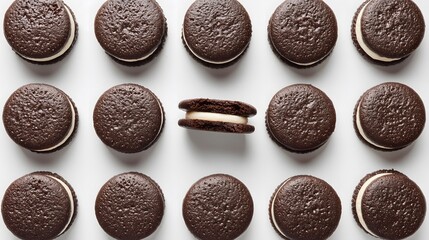 Chocolate Sandwich Cookies Pattern with One Cookie Opened – Flat Lay on White Background