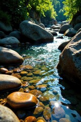 Variegated stones gleam beside Rio's flowing water Rich hues along a sunny stream bank , bright, Rio