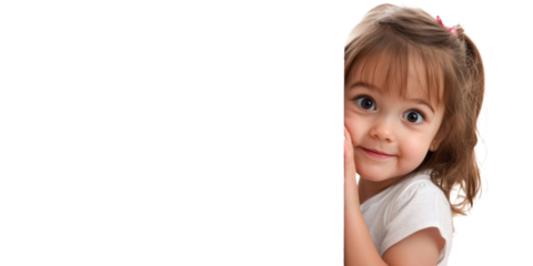 Young girl playfully peeking around a corner with a cheerful expression on her face