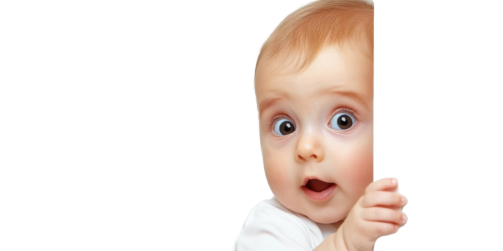Baby peeking from behind a white panel with a surprised expression on a transparent background