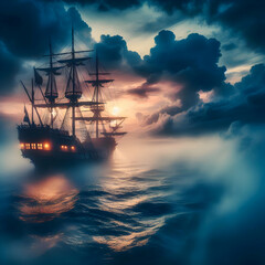  pirate ship slowly emerges from ocean mist. With dramatic twilight lighting with a gentle pull-out