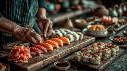 Preparing Sushi Authentic Japanese Cuisine on Wooden Board