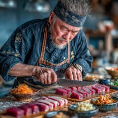Professional Chef Preparing Sashimi Close Up View