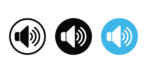 Set of three minimalist flat speaker icons on white. Variations: black circle/white border; black/white speaker+waves; light blue circle/white speaker+waves. Bold contrasting colors, symmetrical, cent