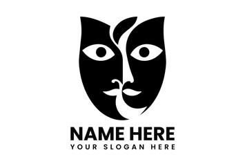 Intertwined black silhouettes of classic comedy and tragedy theatrical masks on a white background. Entertainment concept