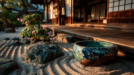 Serene Garden Landscape with Stone Bowl at Sunrise