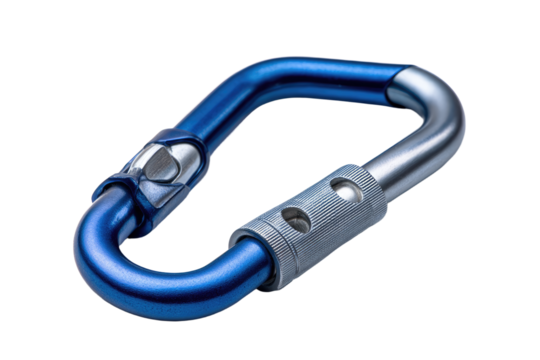 Blue and Silver Carabiner with Screw Gate Mechanism Angled View