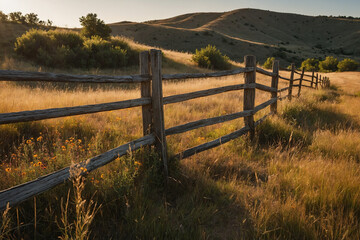Obraz premium A weathered wooden fence along a countryside road lined with tall dry grass and bright wildflowers under intense summer sunlight forming a quiet roadside scene, missing planks and