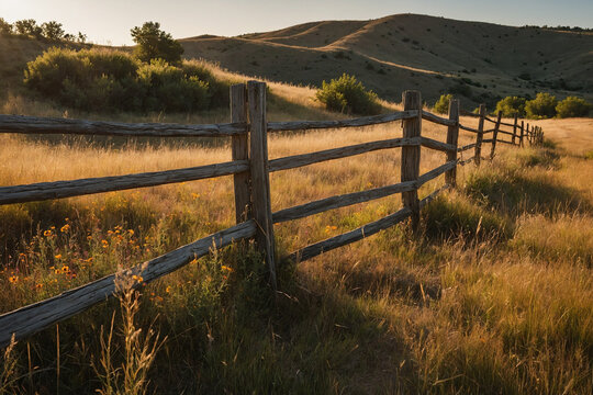 A weathered wooden fence along a countryside road lined with tall dry grass and bright wildflowers under intense summer sunlight forming a quiet roadside scene, missing planks and