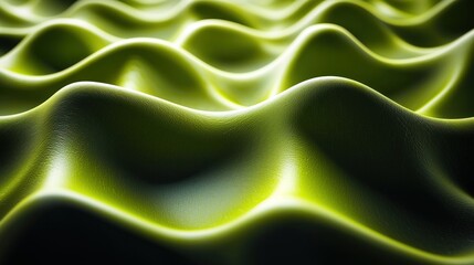 Obraz premium Close-up of a subtly lit, undulating, lime-green surface with a soft, almost foam-like texture, creating a three-dimensional wave pattern