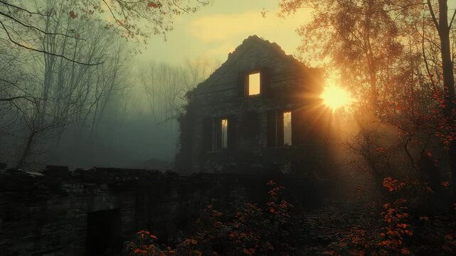 Sunlit Old Building in Enchanted Forest