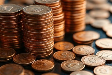 Close-up of several stacks of copper-colored coins on a dark surface, with additional coins scattered around the stacks.  The coins appear to be similar in size and design