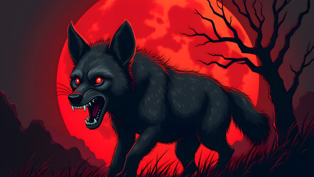 An illustration of a ferocious hyena with glowing eyes snarling against a backdrop of a blood red moon and a barren tree.