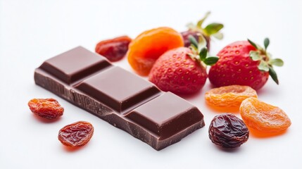Delicious dark chocolate with fresh strawberries, apricots, and raisins on white background
