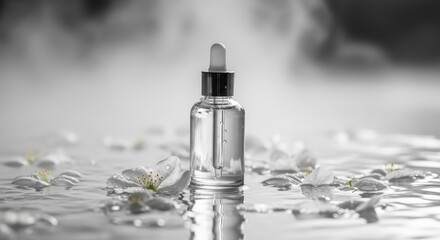 Beauty serum bottle on water surface with flower petals