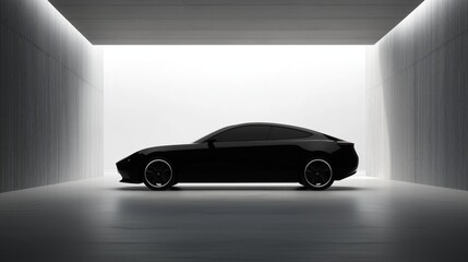 Sleek black electric car in modern minimalistic indoor setting