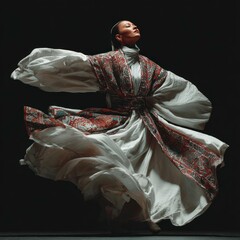 Spinning dancer in ethnic dress elegant flowing fabric graceful movement artistic performanc