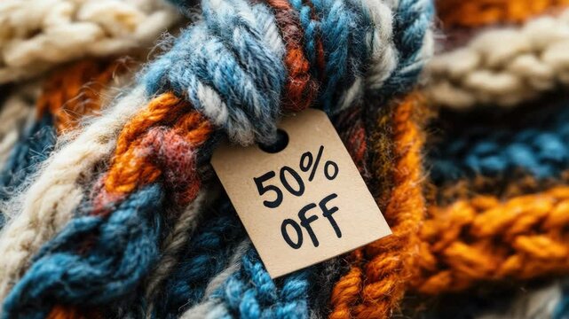 Cozy multicolored knitted scarf with 50% off tag highlighting discount, ideal for black friday shopping concept