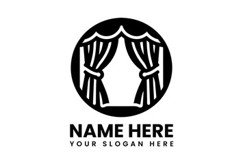 Dramatic black vector logo featuring stylized stage curtains with flowing drapes and tied back details for entertainment