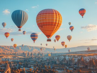 Fototapeta premium Colorful hot air balloons soar over a scenic landscape at sunrise