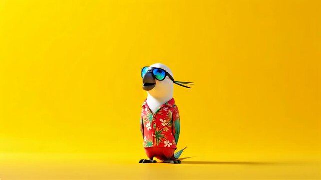 Cool parrot in sunglasses and hawaiian shirt against yellow background. This cartoon parrot is perfect for summer vacation projects.