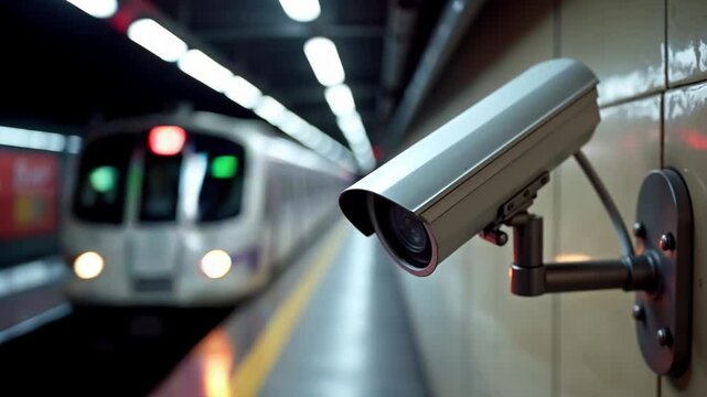 Security camera at subway station platform. Modern security camera mounted on wall, subway train arriving at platform.  Surveillance system concept for video security projects.