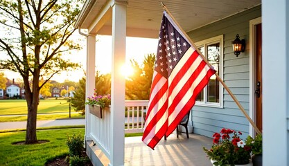 American flag waving on house porch at sunset. Patriotic scene features flag, house, and beautiful flowers. This image is perfect for Independence Day videos or patriotic media projects. 4th of July. - Powered by Adobe
