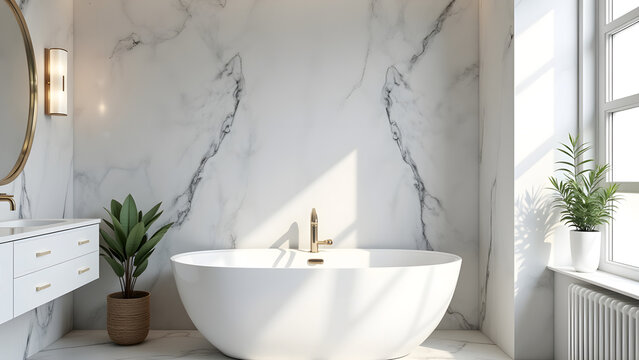A beautifully designed modern bathroom featuring a sleek bathtub and stylish marble finishes.