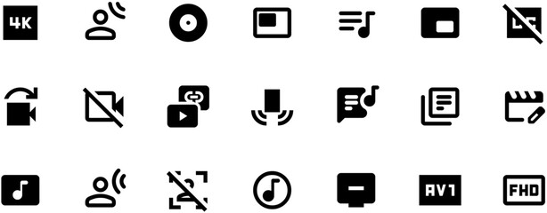 Minimal black vector icons for video editing software, simple shapes on white background, 24x36 mm grid layout, SVG and PNG formats, no shadows.