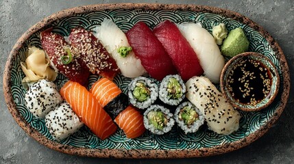 Sushi platter assorted fish rice rolls maki nigiri wasabi soy sauce japanese food asian