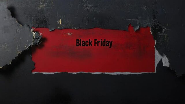 Dramatic black friday text on red torn paper with weathered black background, highlighting black friday concept