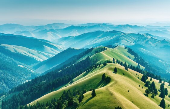 Misty highland valley sunrise with rolling hills and peaks in serene aerial perspective - Powered by Adobe