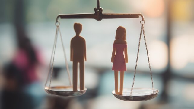 Balanced silhouettes representing gender equality on scales highlighting unity and cooperation in society and the workplace