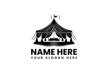 Grand black silhouette of a circus or carnival tent with a banquet table and chairs inside. Event concept