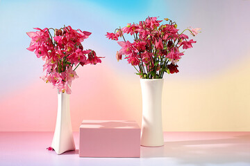 Abstract flower arrangement with empty podium for product display, template for display, Beautiful spring blooming columbine on sunny background, banner, still life with place for text,