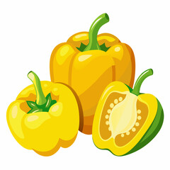 Illustration of a set of yellow bell pepper in whole half and cut slice variations