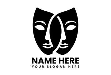 Dramatic black vector logo featuring intertwined comedy and tragedy theatrical masks representing performing arts