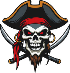 Aggressive Pirate Skull with Beard, Red Bandana, and Crossed Swords – Vector Illustration